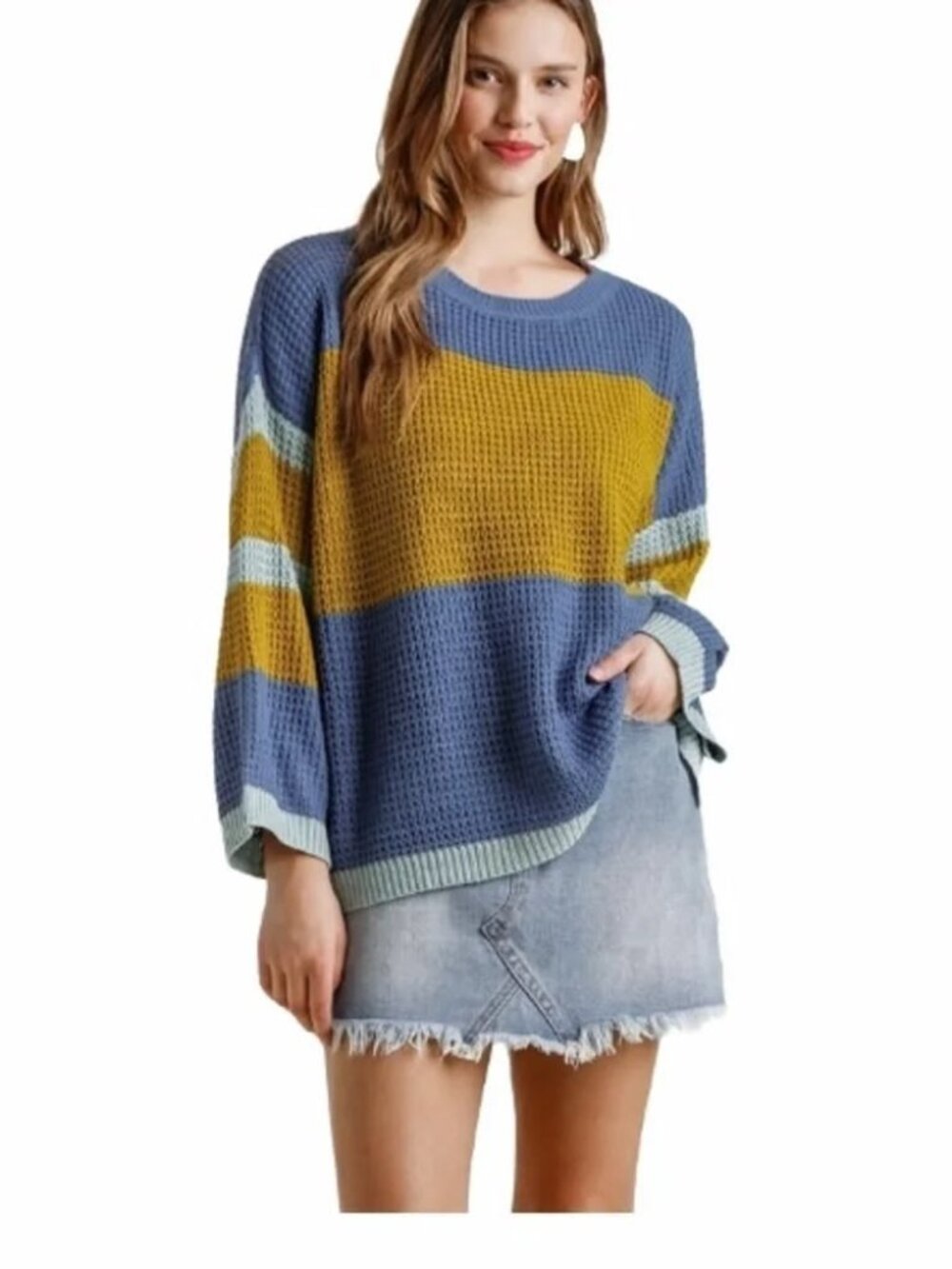 UMGEE I NWT Colorblock Waffle Knit Sweater, Blue & Green